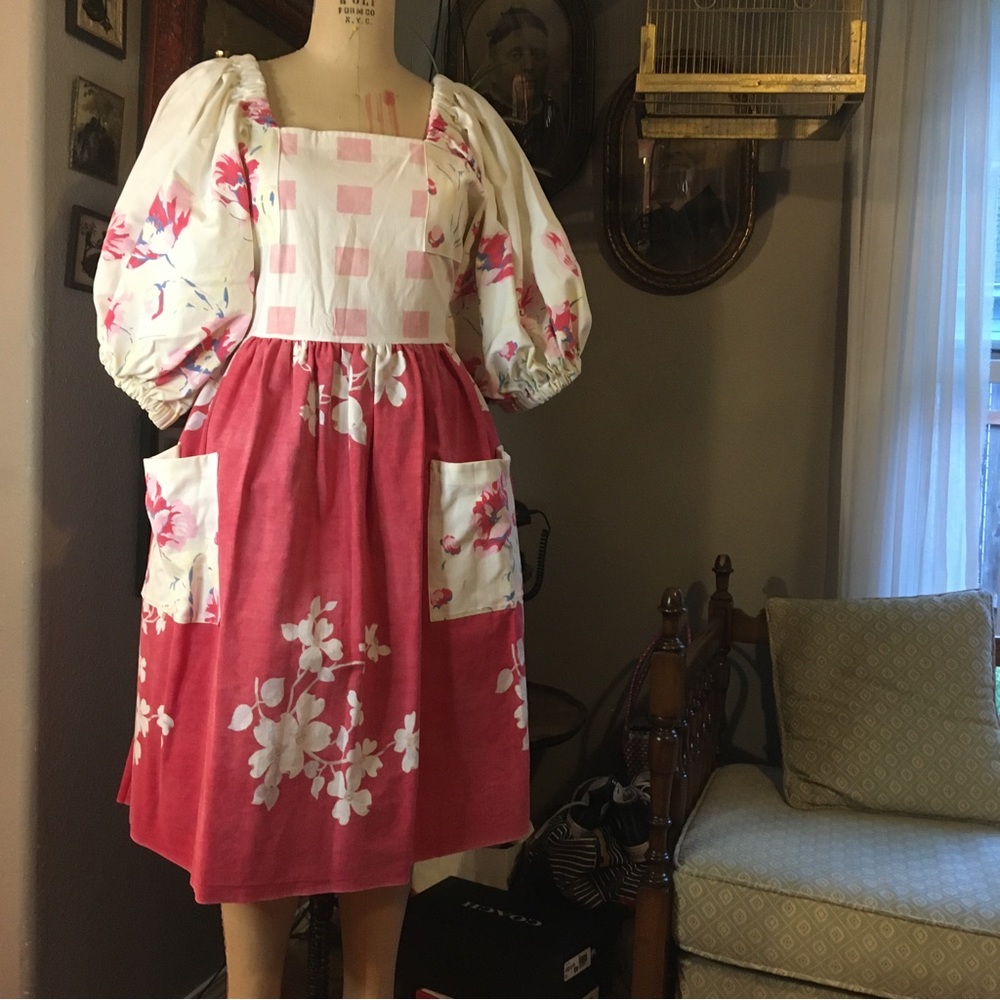 Vintage Tablecloth Dress Cottagecore Prairie Puff Sleeve sz M